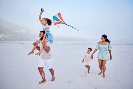 Kite, beach or parents running with happy kids on fun holiday vacation together with happiness. Smile, children siblings or mom playing with girl or boy on family time with father at sea in Mexico