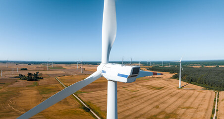 Panoramic aerial view of wind farm or wind park