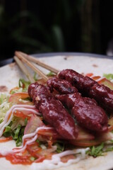 food usually sold in cafes, street food or restaurants, made from meat, vegetables, fried or boiled or baked
