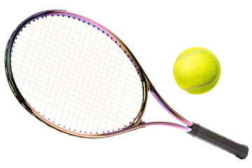 Sport equipment ,RainbowTennis racket and Yellow Tennis ball sports equipment isolated On White background With work path.