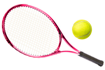 Sport equipment ,Pink Tennis racket and Yellow Tennis ball sports equipment isolated On White background With work path.