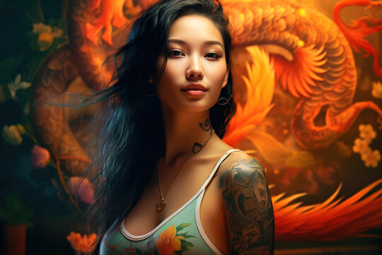 Portrait of a young Asian woman with a tattoo on her shoulder standing on a city street in the evening. Generative AI