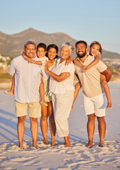 Big family, smile or portrait of happy kids at sea with grandparents on holiday vacation together. Dad, mom or children siblings love bonding or smiling with grandmother or grandfather on beach sand