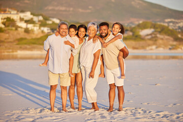 Happy family, grandparents or portrait of kids at beach to relax on holiday vacation together in Mexico. Dad, mom or children siblings love bonding or smiling with grandmother or grandfather at sea