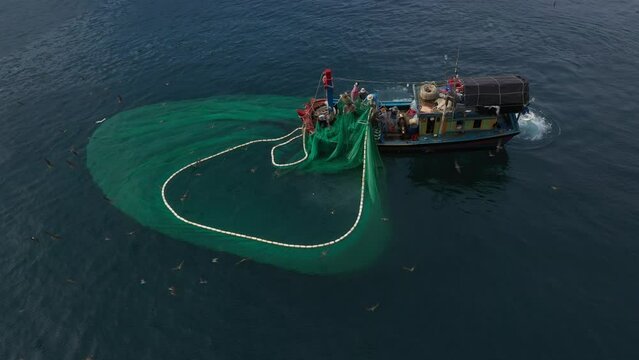 Ships are releasing fishing nets on Yen Island, Phu Yen, Vietnam