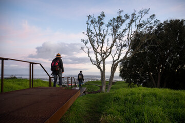 People walking on raised boardwalk around the crater at Mt Eden summit at sunrise. Auckland.