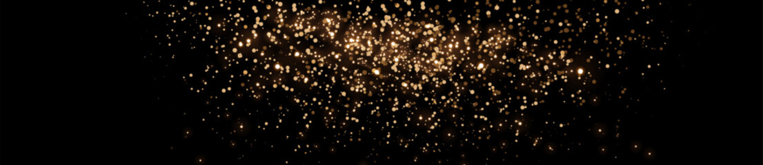 The dust sparks and golden stars shine with special light. Vector sparkles on a transparent background. Vector illustration