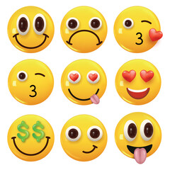 Fototapeta premium Set of 3d icon yellow color smile emoji. Set Icon Smile Emoji. Vector