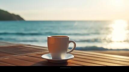 A mug with coffee on a table on a tropical island against the backdrop of ocean waves. Generative AI.