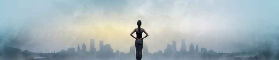 Fitness and Healthy Lifestyle: Young Slim Girl in Sportswear Performing Exercises. Banner style. Generative AI.