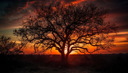 Silhouette of acacia tree back lit by sunrise generated by AI