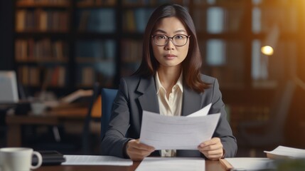 Serious busy mid aged professional asian business woman lawyer or financial law expert wearing suit holding corporate documents sitting at desk in office managing risks feeling doubt. Generative AI.