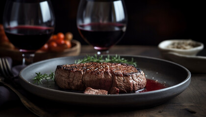 Grilled sirloin steak, cooked rare with wine generated by AI