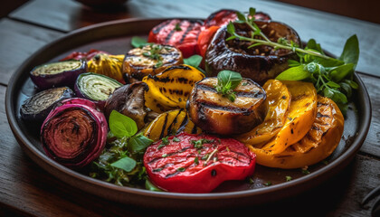 Fototapeta na wymiar Grilled meat and vegetables on rustic plate generated by AI