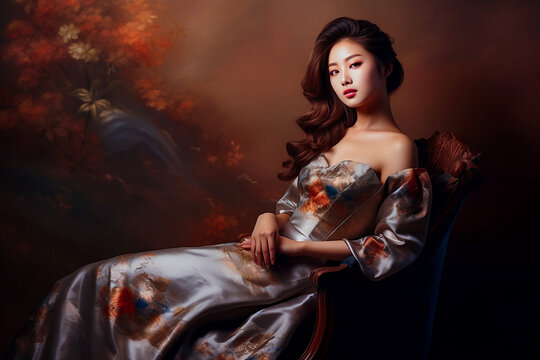 a photo of a gorgeous Korean Asian young lady in traditional beautiful vibrant colors dress, sitting and posing on chair, in indoor studio lighting and settings, generative ai