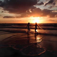sunset on the beach, playing on the beach, family on the beach