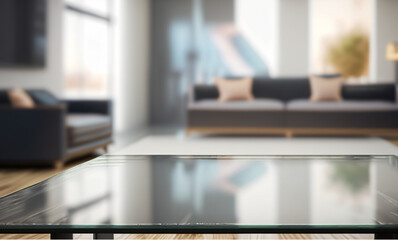 Empty wooden tabletop with blurred living room background wallpaper, Wood table with blurred modern apartment interior background,wallpaper design, Ai Generate 