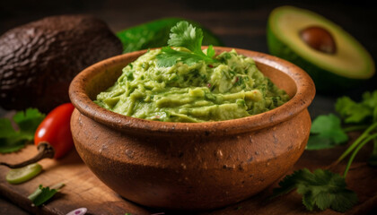 Fresh guacamole dip with organic vegetables and herbs generated by AI