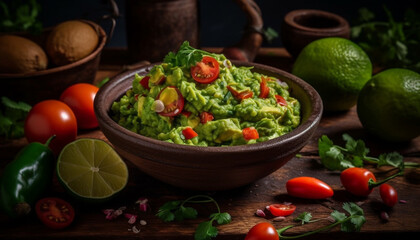 Fresh guacamole and tomato dip on rustic wood generated by AI