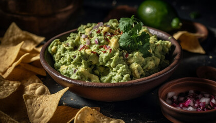 Fresh guacamole dip with crunchy tortilla chips generated by AI