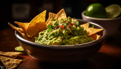 Fresh guacamole dip with crunchy tortilla chips generated by AI - obrazy, fototapety, plakaty