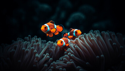 Naklejka na ściany i meble Colorful clown fish swim in vibrant reef generated by AI