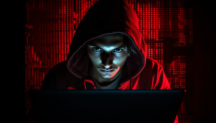 Hooded thief typing spooky code on laptop generated by AI