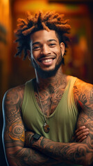 Happy afro man with tattoo design on skin standing on a city street in the evening. Generative AI