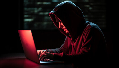 Hooded thief typing on laptop, committing cybercrime generated by AI
