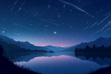 background view of shooting stars over anime lake