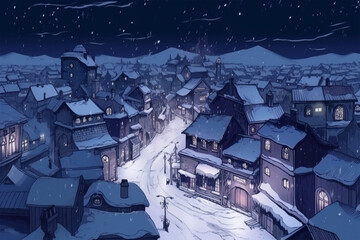 Fototapeta na wymiar Generative AI. fantasy background of a snowy city at night