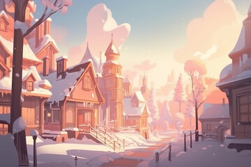 Fototapeta na wymiar Generative AI. illustration background of a snowy village