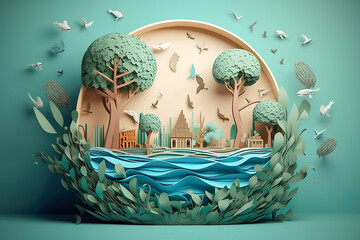 Paper art , Ecology and world water day , Saving water and world Environment day , Environmental protection and save earth water , Created with generative AI