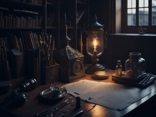 Magic alchemical laboratory wizard room. AI Generated