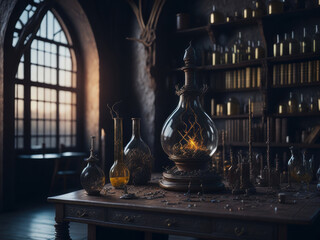 Magic alchemical laboratory wizard room. AI Generated - obrazy, fototapety, plakaty