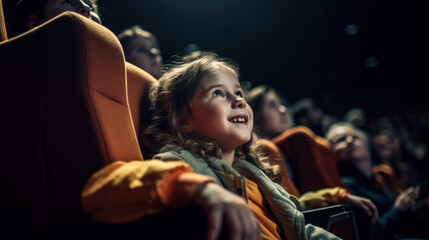 Fototapeta na wymiar Photo of a girl watching an exciting movie in a dark cinema.