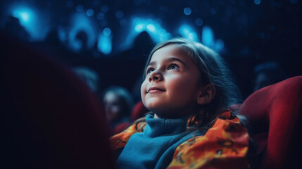 Fototapeta premium Photo of a girl watching an exciting movie in a dark cinema.