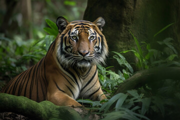 a Sumatran tiger under a tree