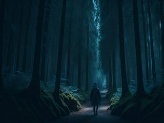 Someone alone strolling in scary dark forest at Midnight. Halloween background, AI generated