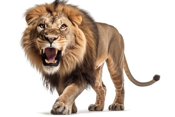 King of Lion roaring looking regal standing isolated over white background , Created with generative AI
