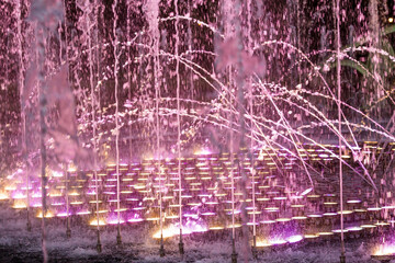 Light and music fountain on a summer evening. Natural Museum-reserve "Tsaritsyno". Colorful fountain in Tsaritsyno Park at night.