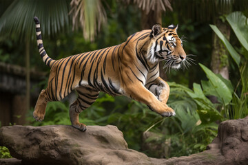 Fototapeta na wymiar a Sumatran tiger is jumping