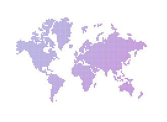 Illustration of a purple world map made of dots on a transparent background