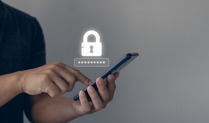 Business Technology security Concept. Business people using the smart mobile phone to access on...