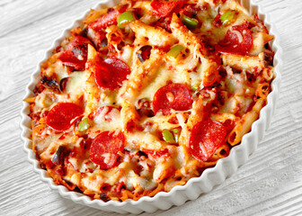 Pizza Casserole of pasta, beef, pepperoni, cheese