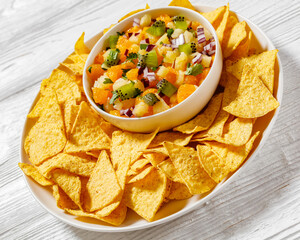 summer fruit salsa with tortilla chips on plate