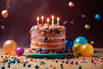 Birthday cake with candles and balloons on wooden table, closeup, Beautiful birthday concept with a delicious cake, AI Generated