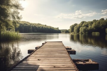 Obraz premium Wooden pier on the lake in the forest. Summer landscape. Beautiful lake view on a shiny summer day, AI Generated