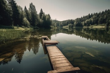 Wooden pier on a lake in the middle of the forest. Beautiful lake view on a shiny summer day, AI Generated