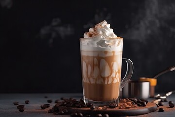 Coffee latte with whipped cream and coffee beans on dark background, Beautiful latte coffee with delicious whipped cream, AI Generated